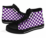 Purple and white checkered high-top shoes with black accents on a white background