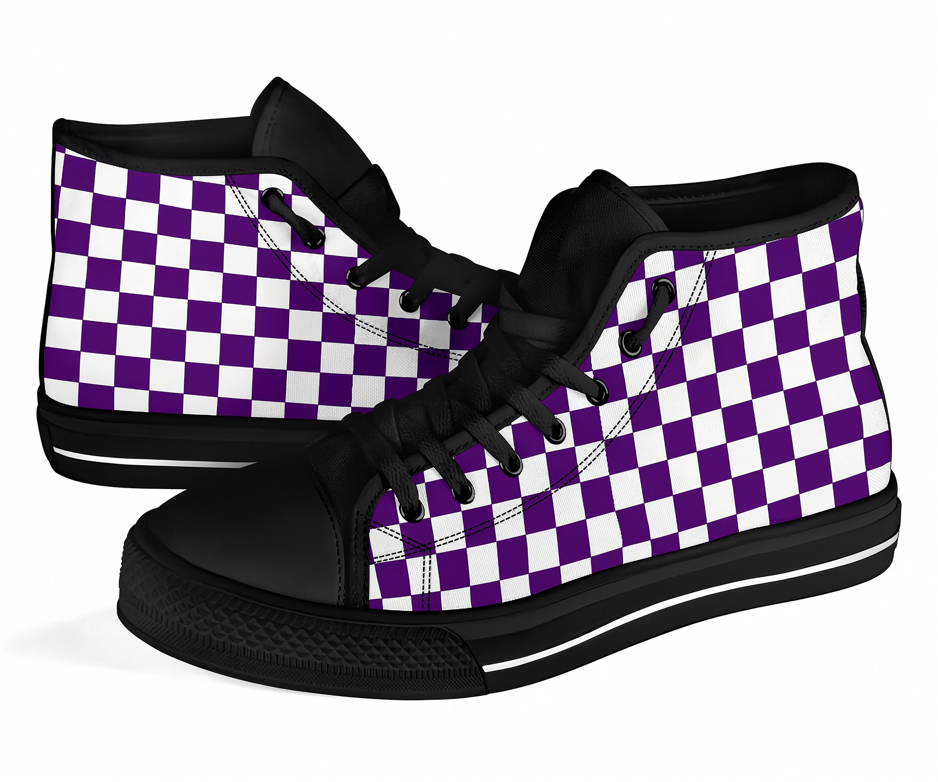 Purple and white checkered high-top shoes with black accents on a white background