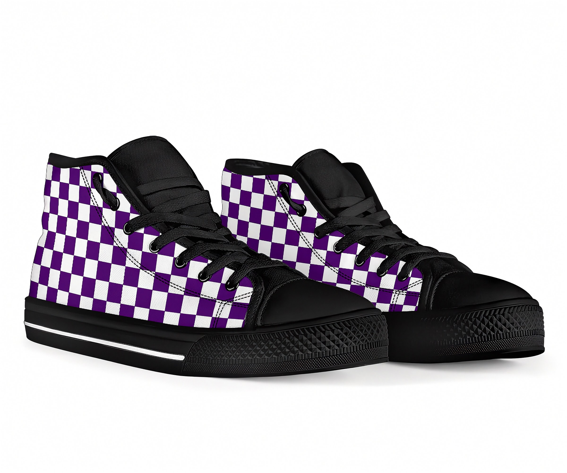 Black high-top shoes with purple and white checkered pattern on a white background