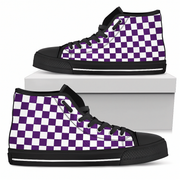 Purple and white checkered high-top shoes with black accents on a white background