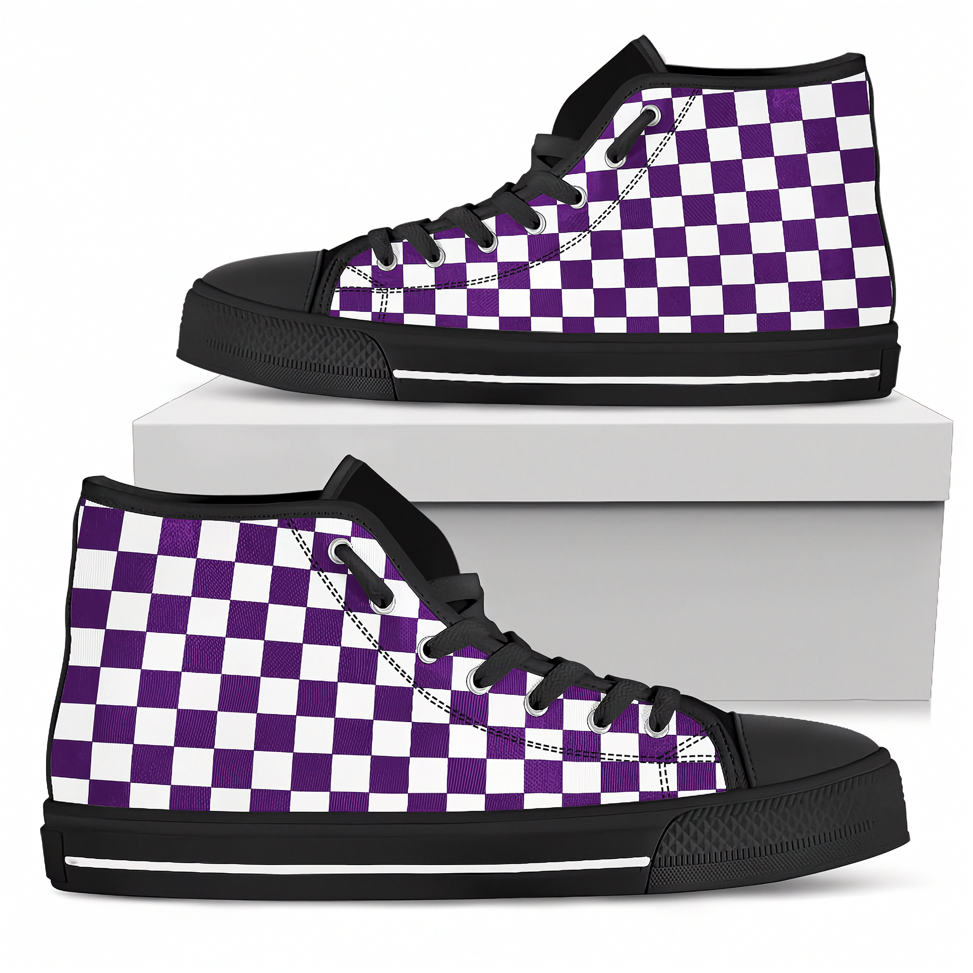 Purple and white checkered high-top shoes with black accents on a white background