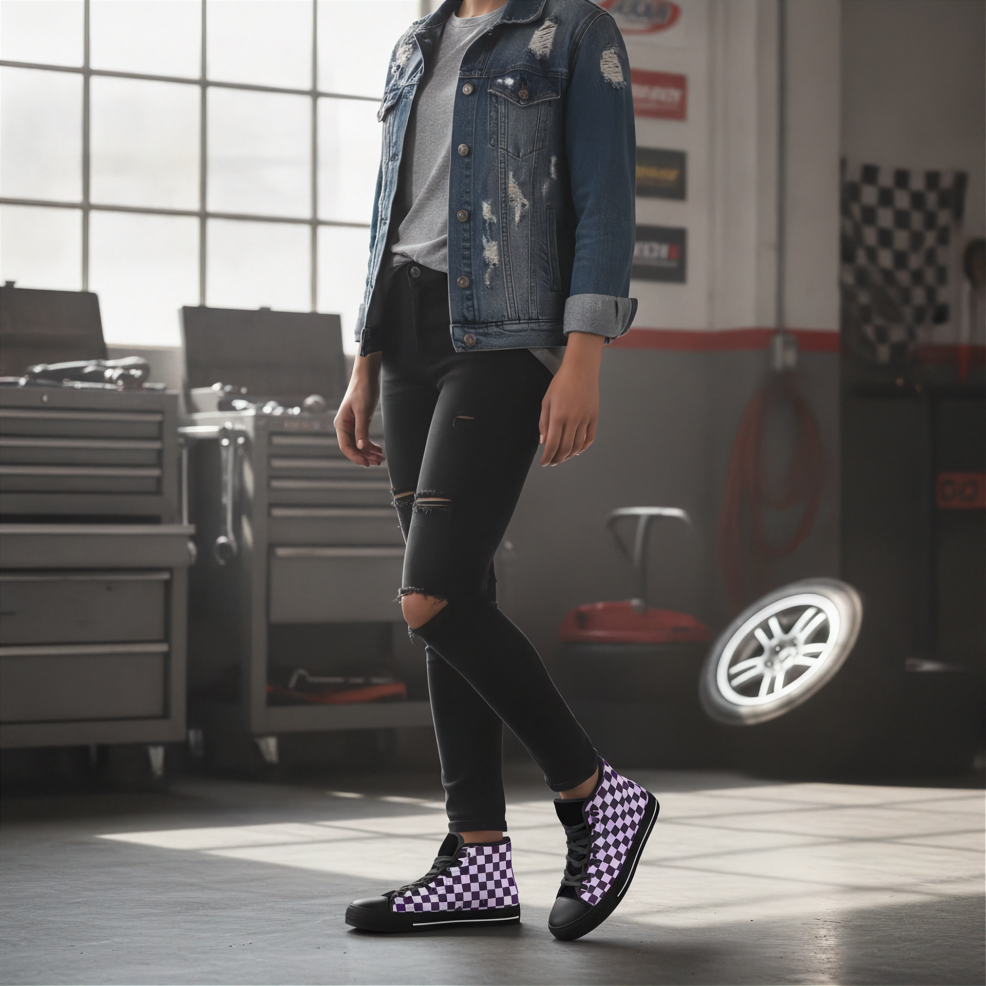 Person wearing a denim jacket, black ripped jeans, and checkered shoes in a garage setting.