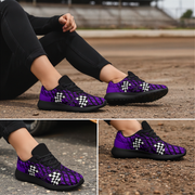 Three-panel collage showing a person wearing purple knit sneakers with a black and white checkerboard pattern on a paved outdoor surface. The person is also wearing black leggings.