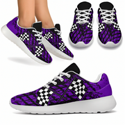 Purple and black patterned sneakers with white checkered side panels and white laces, shown in multiple views including a side view worn on feet and a full side profile.