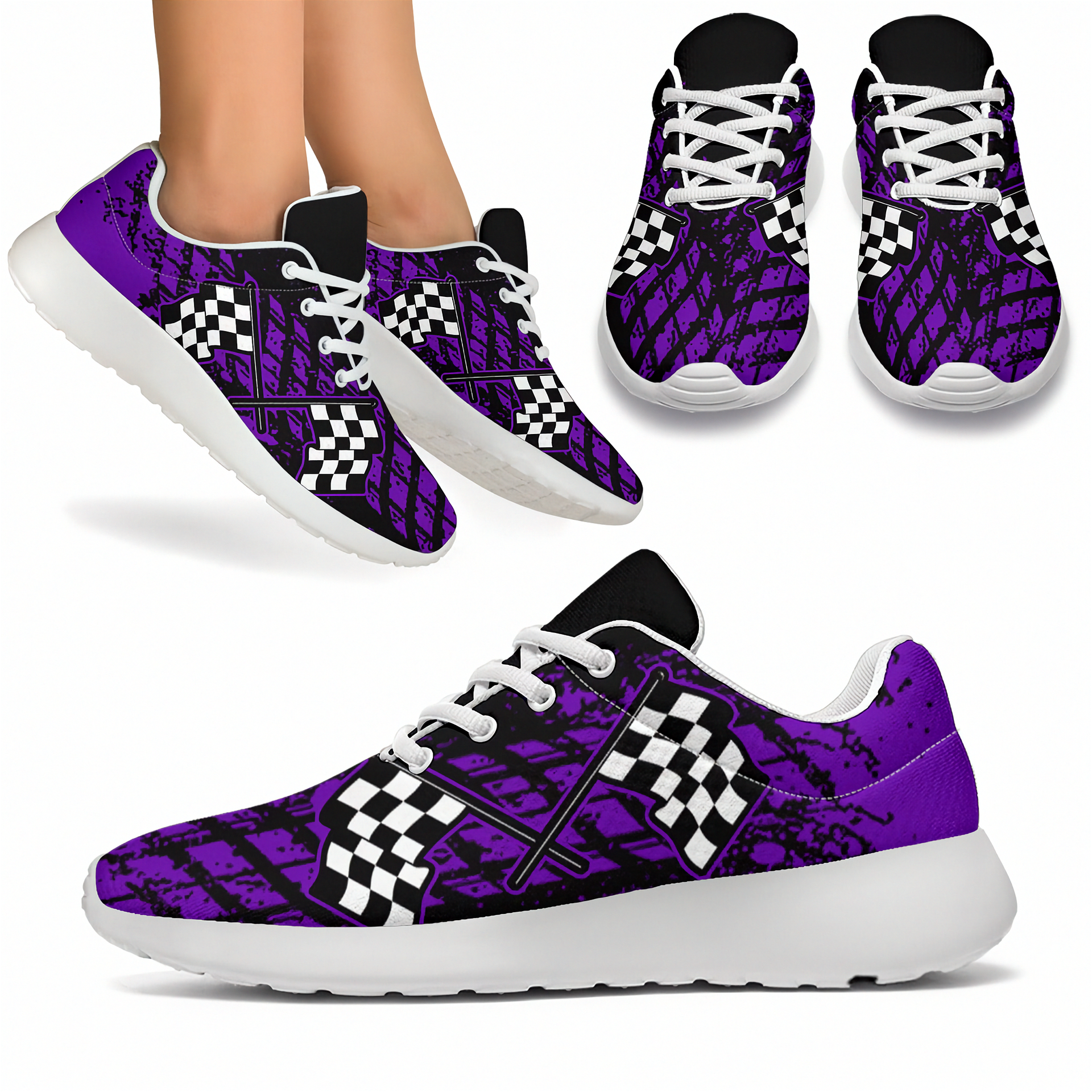 Purple and black patterned sneakers with white checkered side panels and white laces, shown in multiple views including a side view worn on feet and a full side profile.