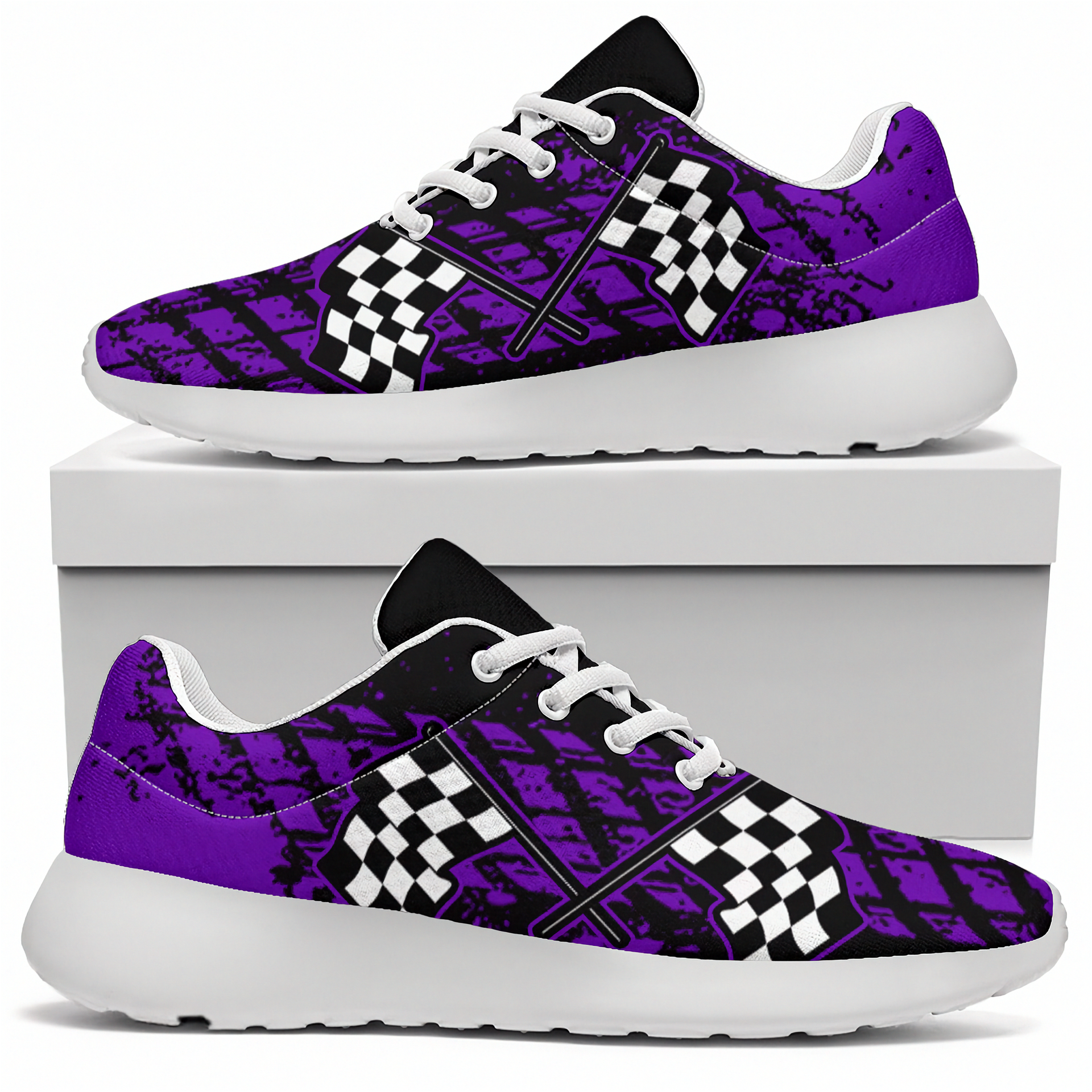 A pair of low-top sneakers shown on a white background, with one shoe resting on top of a white box and the other below. The shoes have a purple and black distressed graphic pattern with white checkered flag motifs on the sides and white soles.