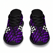 A pair of black and purple athletic sneakers with a distressed tire tread pattern, checkered side panels, and black laces, shown against a plain white background.