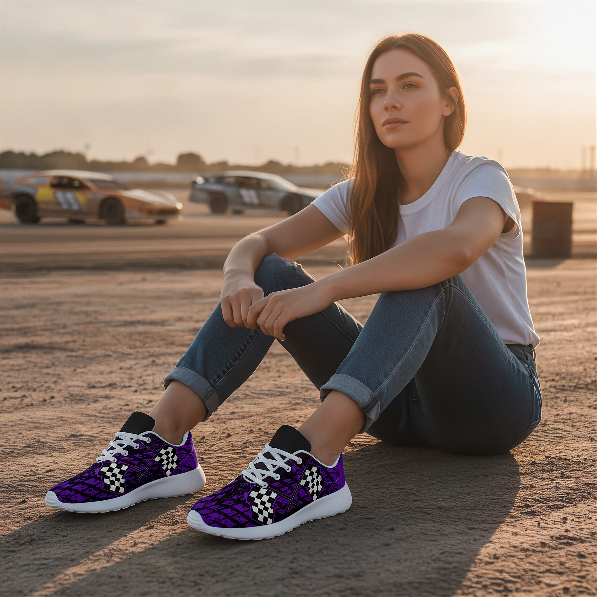 A woman sits on a dirt surface at sunset wearing purple and white patterned athletic sneakers, a white t-shirt, and blue jeans, with blurred cars in the background.