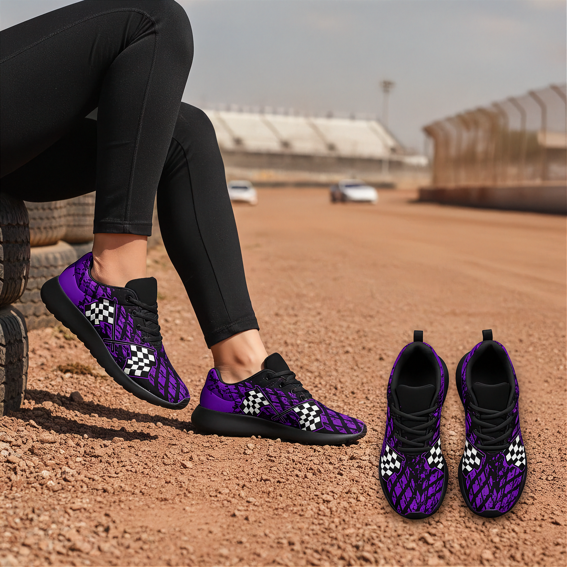Purple and black athletic sneakers with a white checkerboard pattern on the sides, shown worn on a person's feet and placed on the ground at an outdoor dirt track.