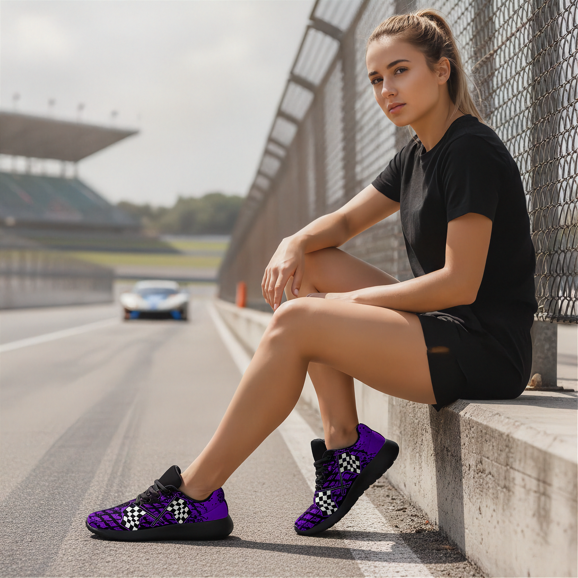 A woman sitting on a concrete barrier next to a racetrack, wearing a black athletic t-shirt and shorts with purple and black checkered sneakers.
