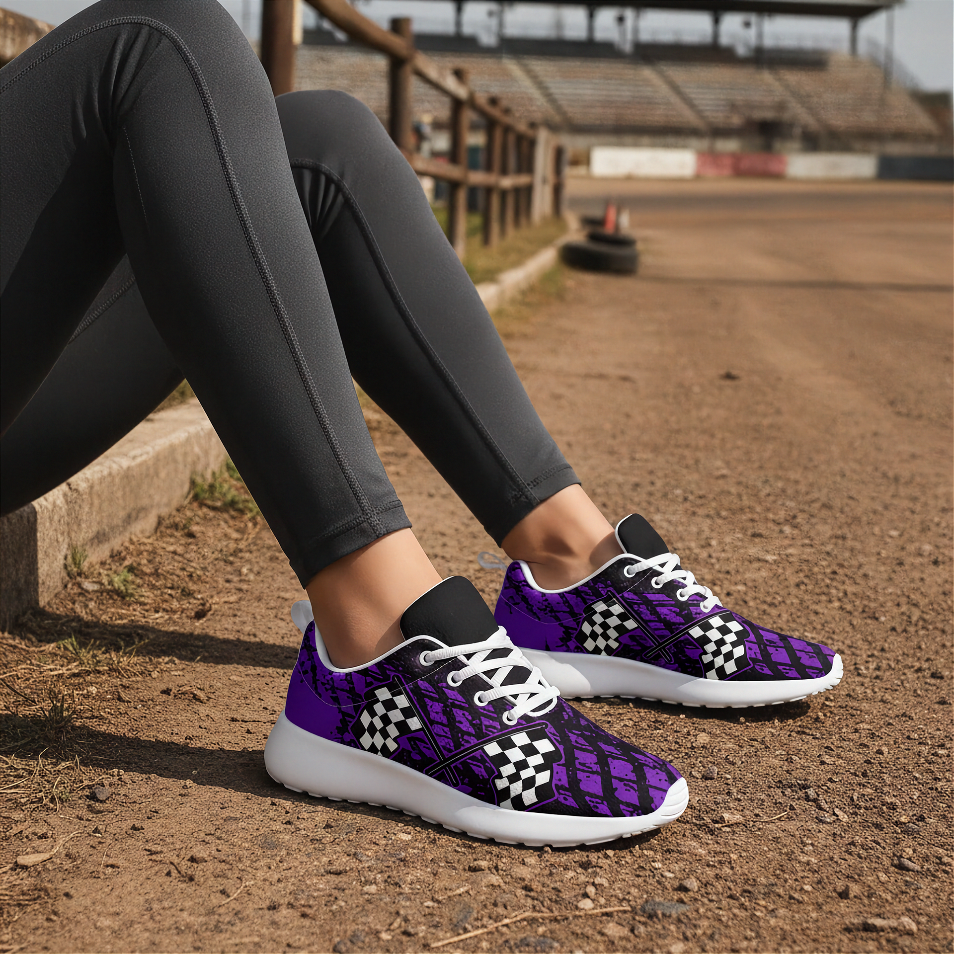 A person wearing purple and black patterned athletic sneakers with white laces and white soles, sitting outdoors on a dirt track next to a concrete curb.