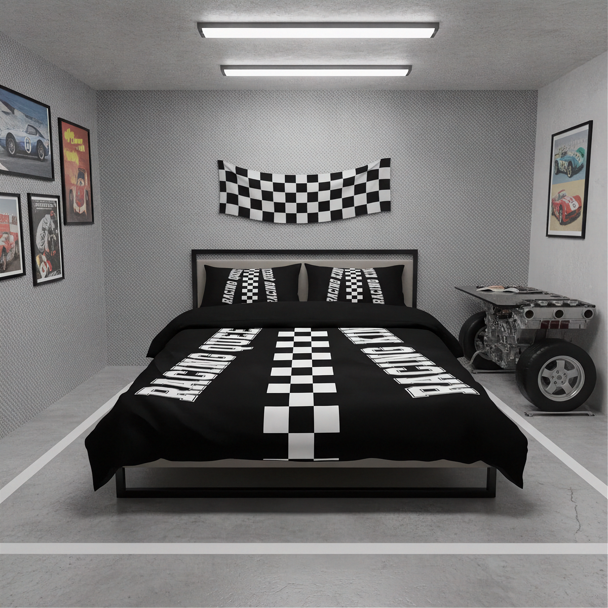 A racing-themed bedding set displayed on a bed in a garage-style bedroom mockup. The set includes a black duvet cover and matching pillowcases decorated with white checkered squares and 'RACING' text, with a matching black-and-white checkered banner hanging on the wall above the headboard.