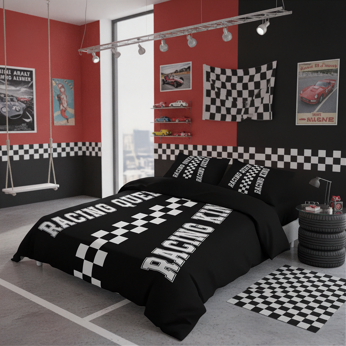 A racing-themed bedding set styled on a bed in a modern garage room. The set includes a duvet cover and two pillowcases in black with white checkered patterns and 'RACING QUEEN' printed in white.