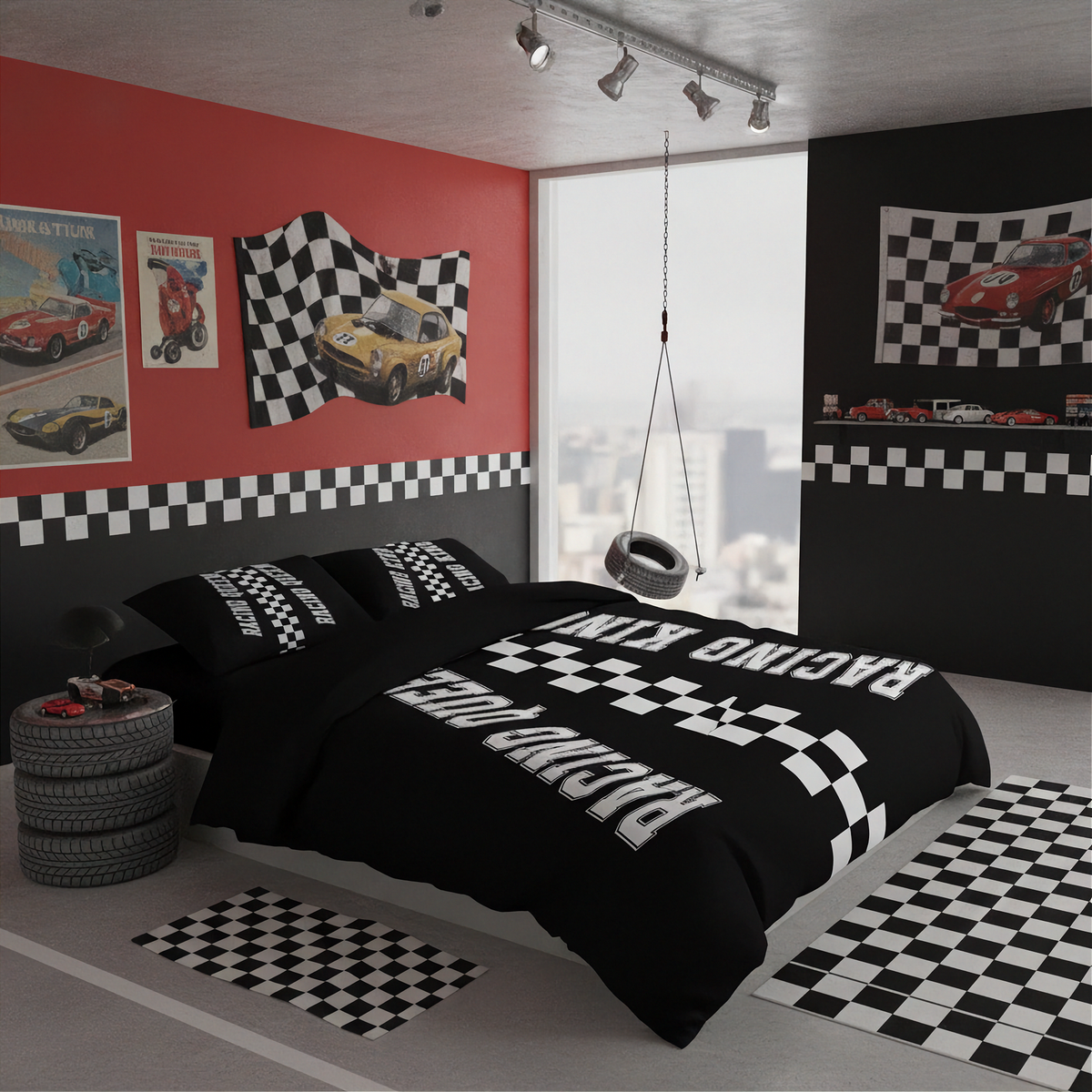 A racing-themed bedroom featuring a black bedding set with white checkered and striped patterns, matching pillows, and a racing rug. The room has a red accent wall with vintage car posters, a black wall with a racing flag print, and a window looking out onto a city skyline.
