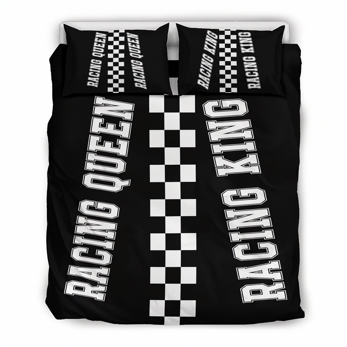 A racing-themed bedding set featuring a black duvet cover and two matching pillowcases with bold white text reading 'RACING QUEEN' and 'RACING KING' alongside a central black-and-white checkered stripe.
