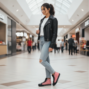 Woman in a leather jacket and checkered shoes walking through a mall.