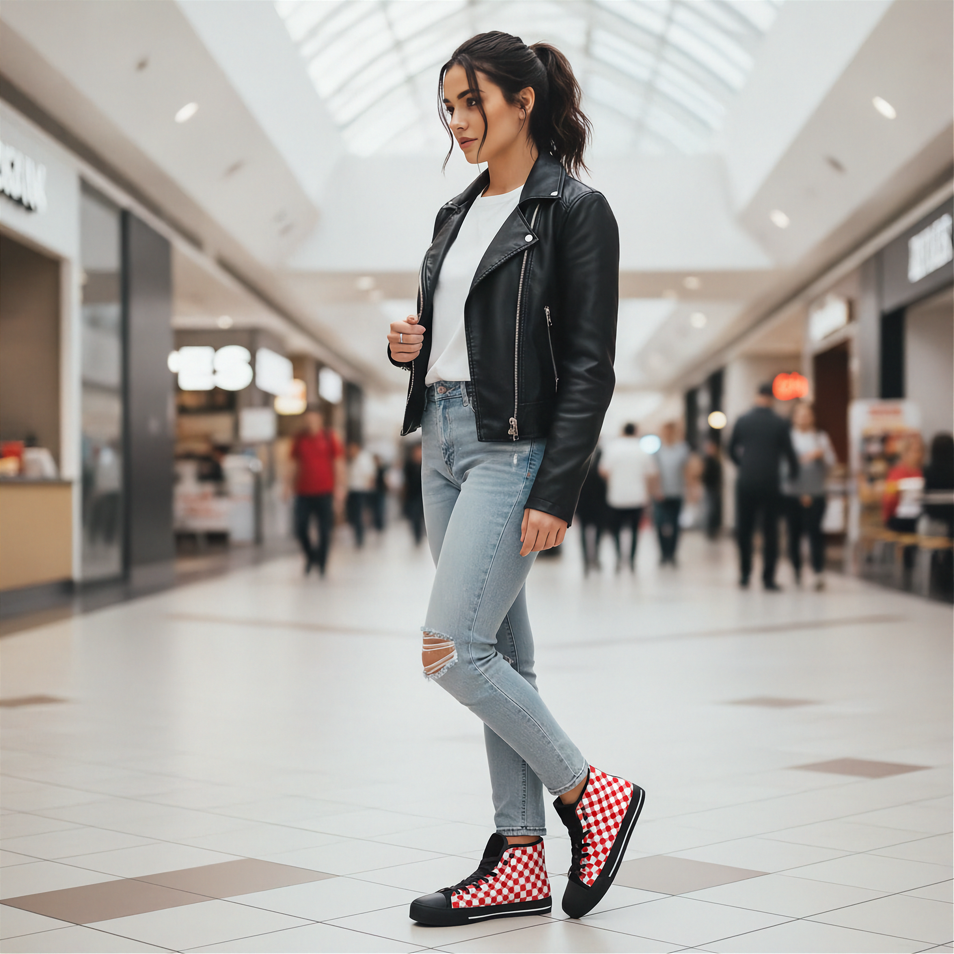 Woman in a leather jacket and checkered shoes walking through a mall.