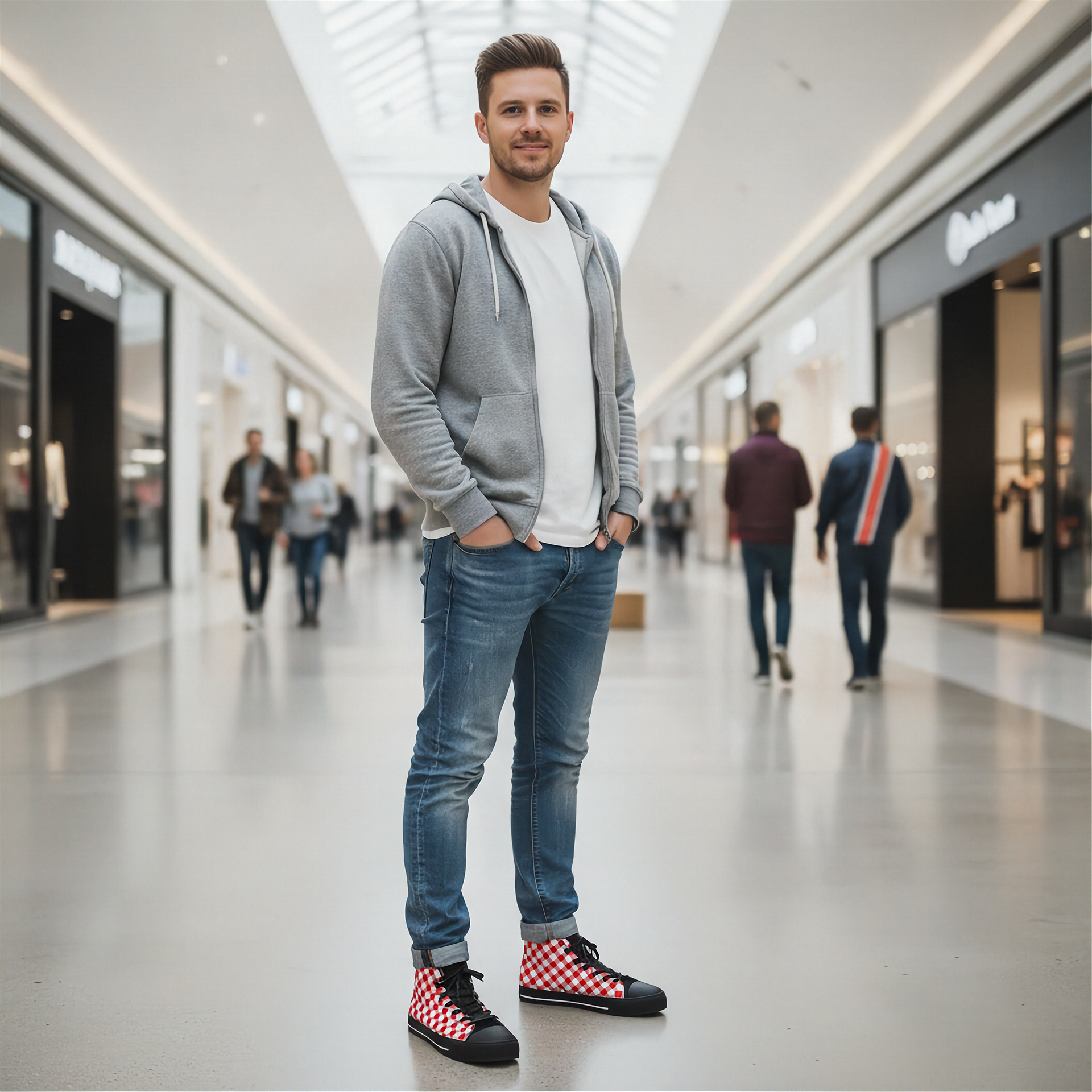 Man standing in a modern mall wearing a gray hoodie, white t-shirt, blue jeans, and checkered shoes.