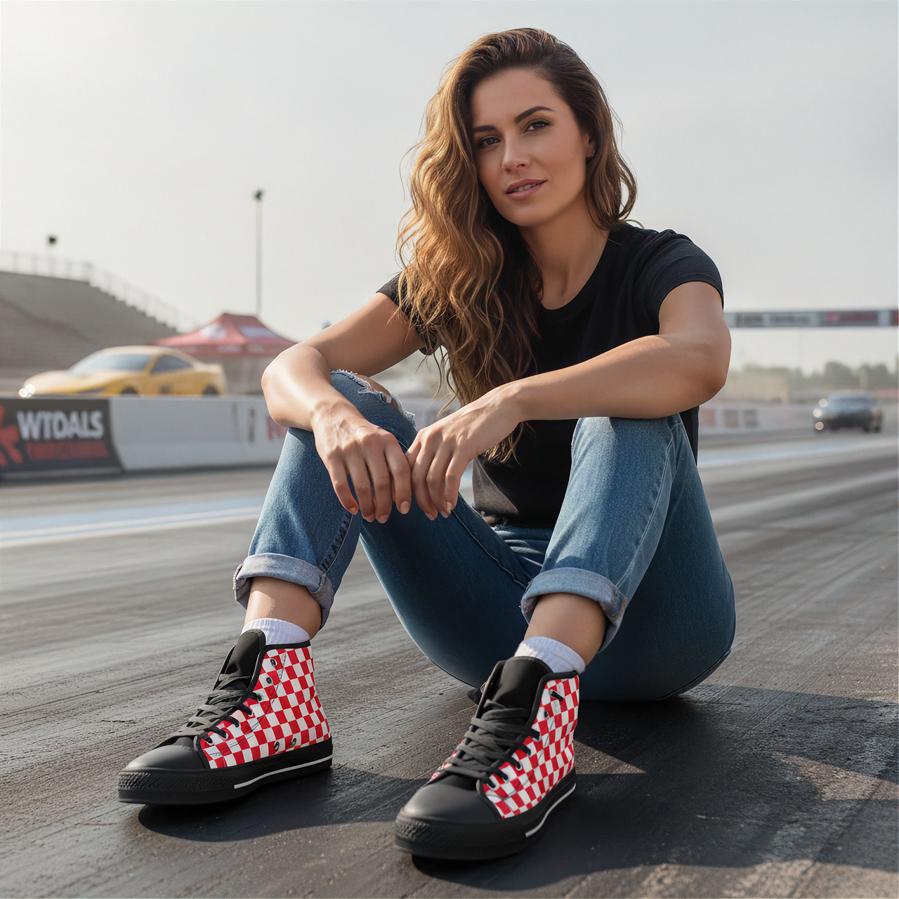 Woman sitting on a race track wearing checkered shoes