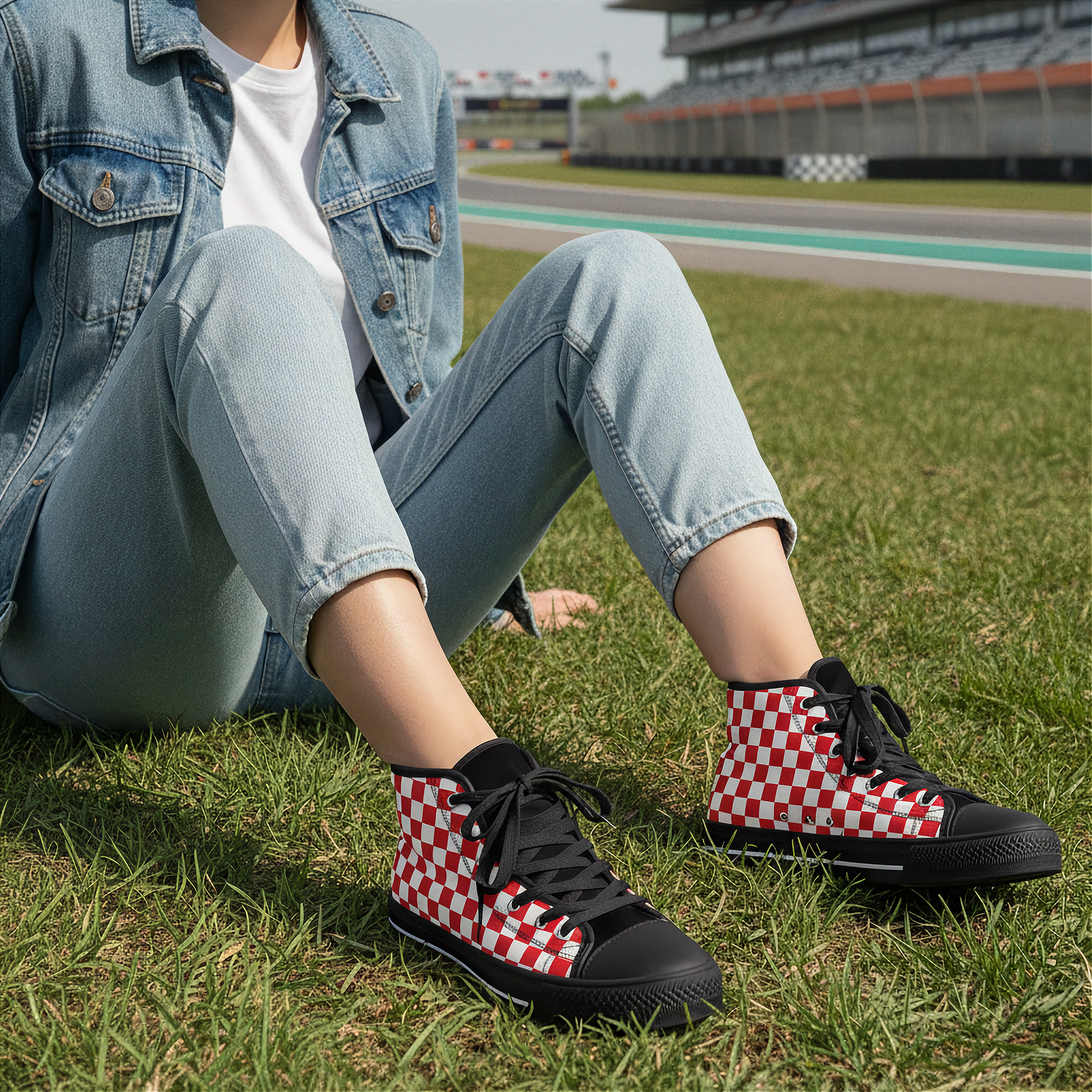 Person wearing red and white checkered sneakers on a grassy area with a race track in the background.