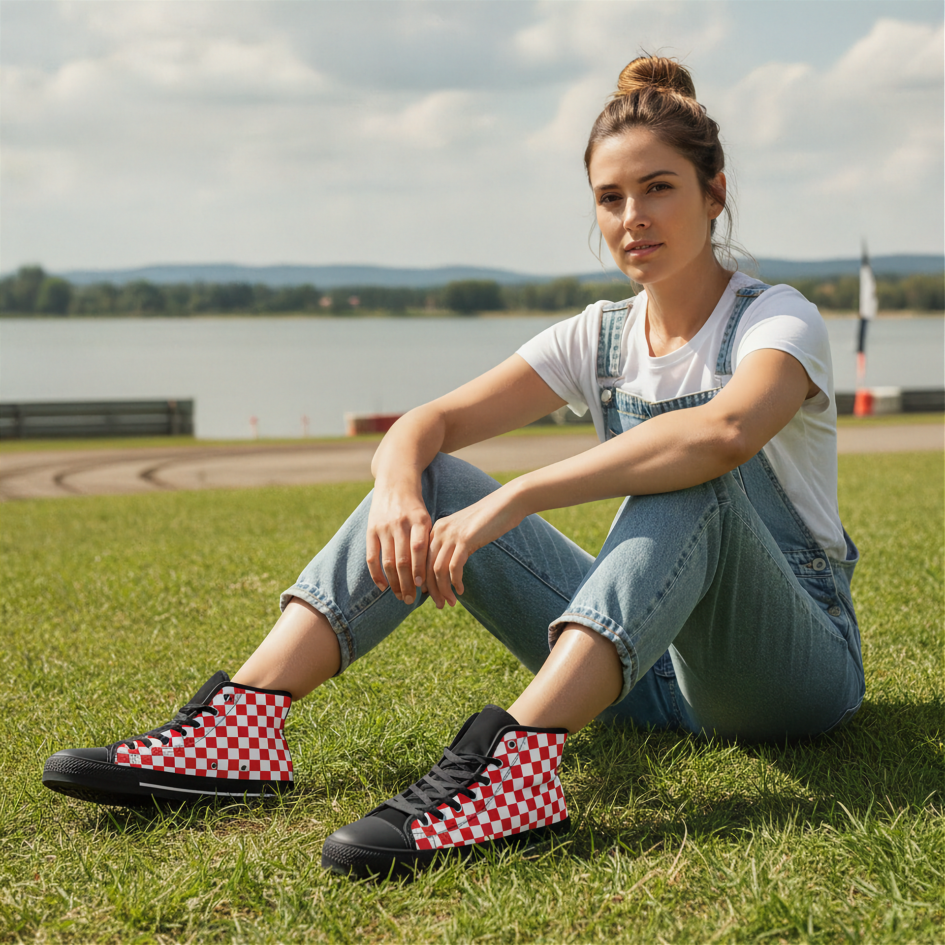 Woman sitting on grass wearing checkered shoes with a lake and sky in the background