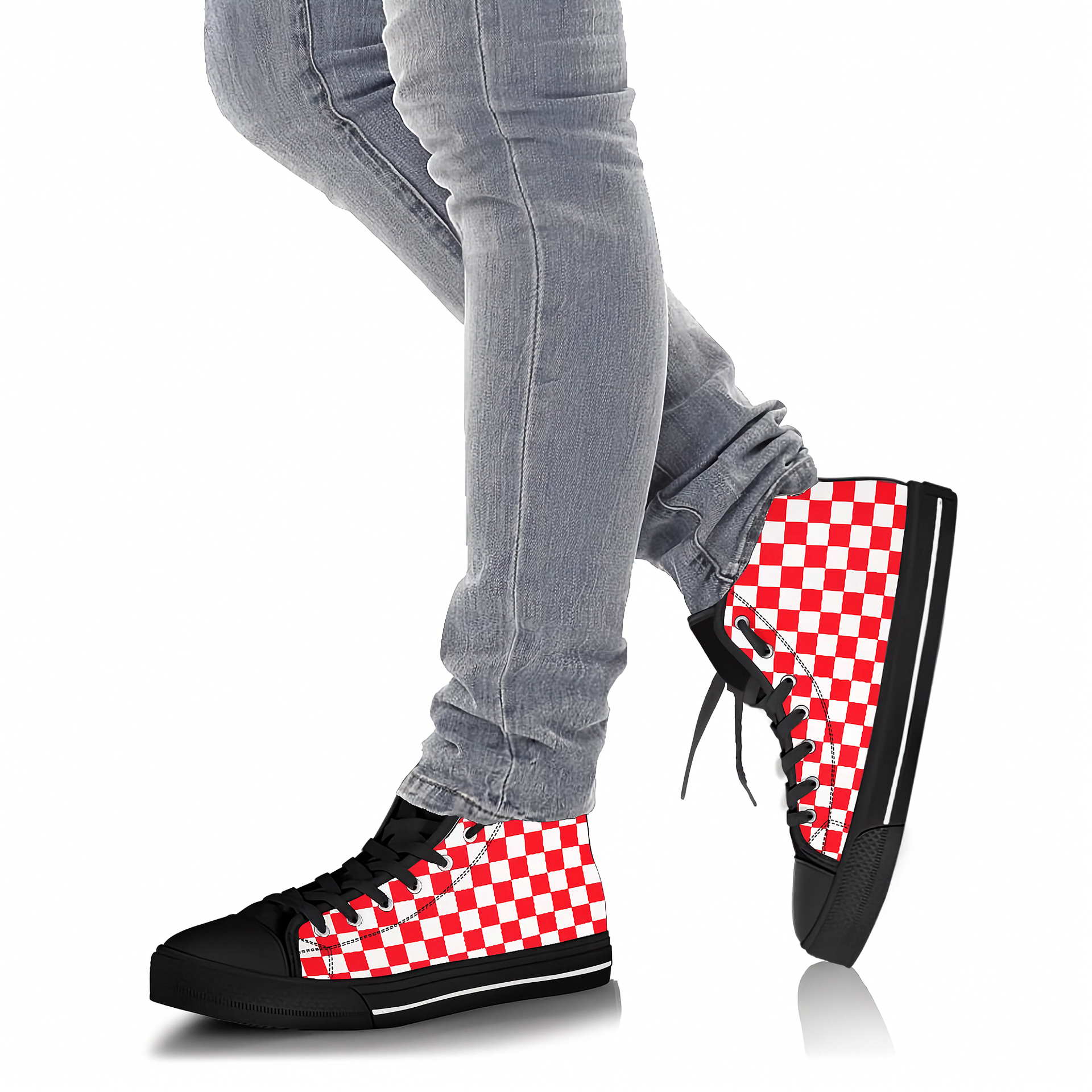 Red and white checkered high-top sneakers worn with gray jeans on a white background
