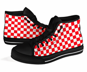 High-top sneakers with red and white checkered pattern and black accents on a white background
