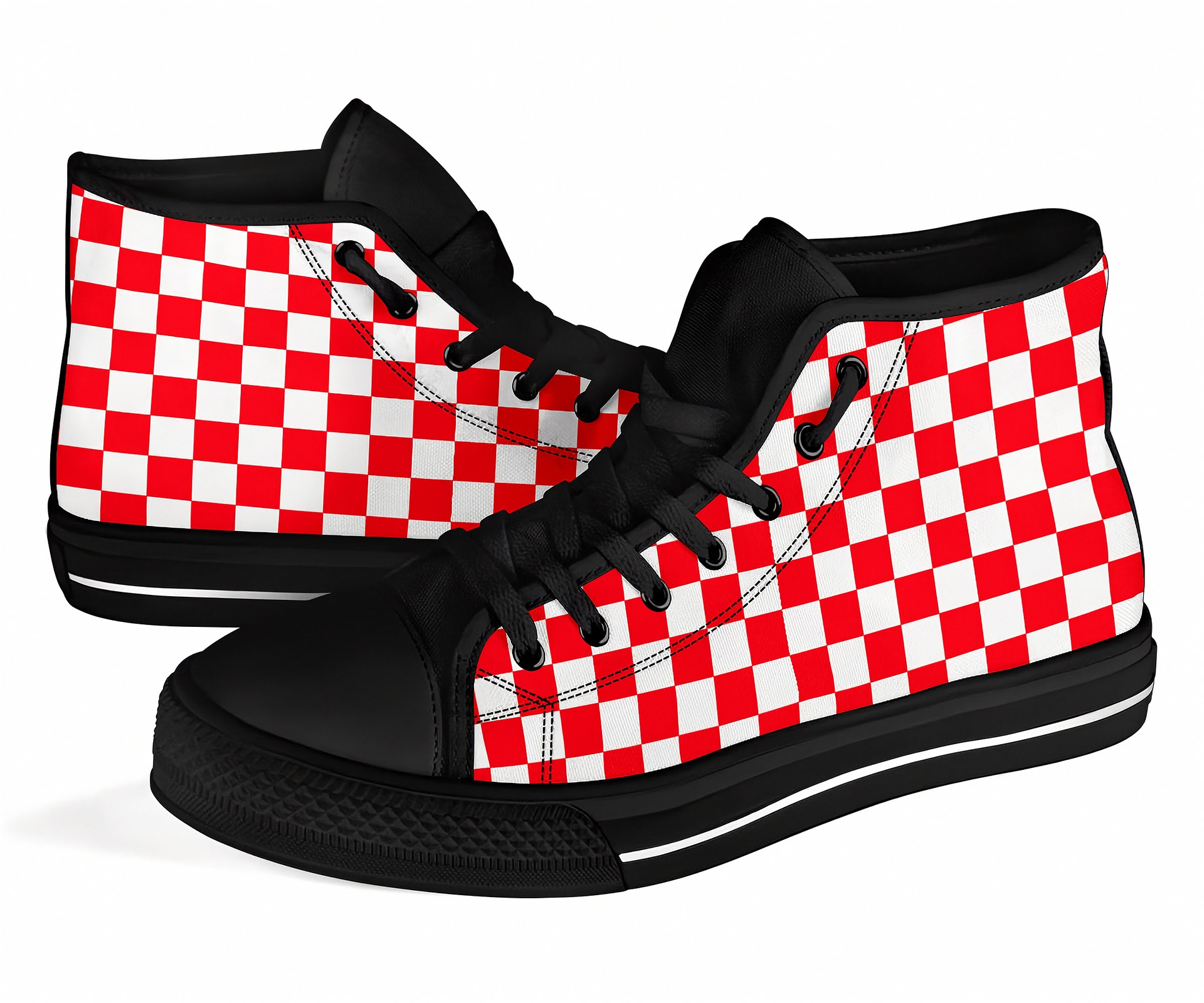 High-top sneakers with red and white checkered pattern and black accents on a white background