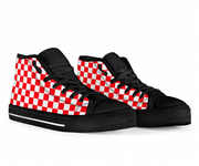 Black high-top SHOES with red and white checkered pattern on a white background