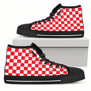 Red and white checkered high-top sneakers with black accents on a white background