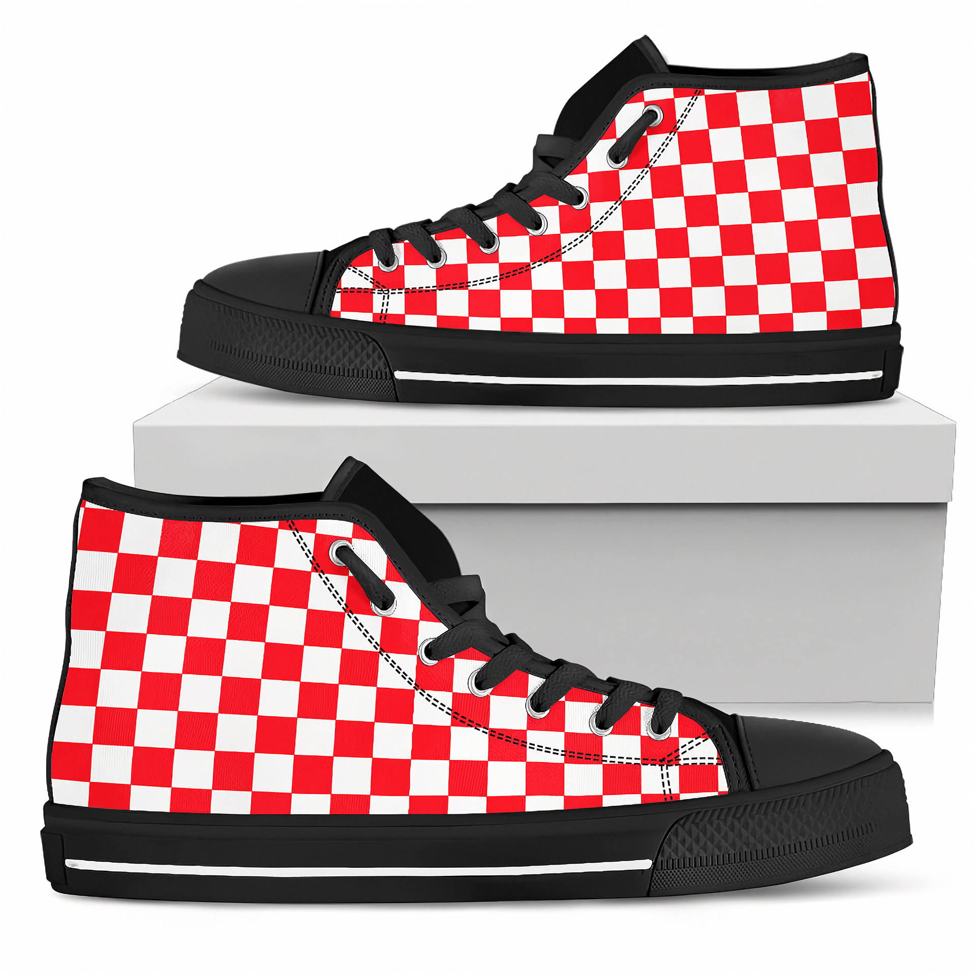 Red and white checkered high-top sneakers with black accents on a white background