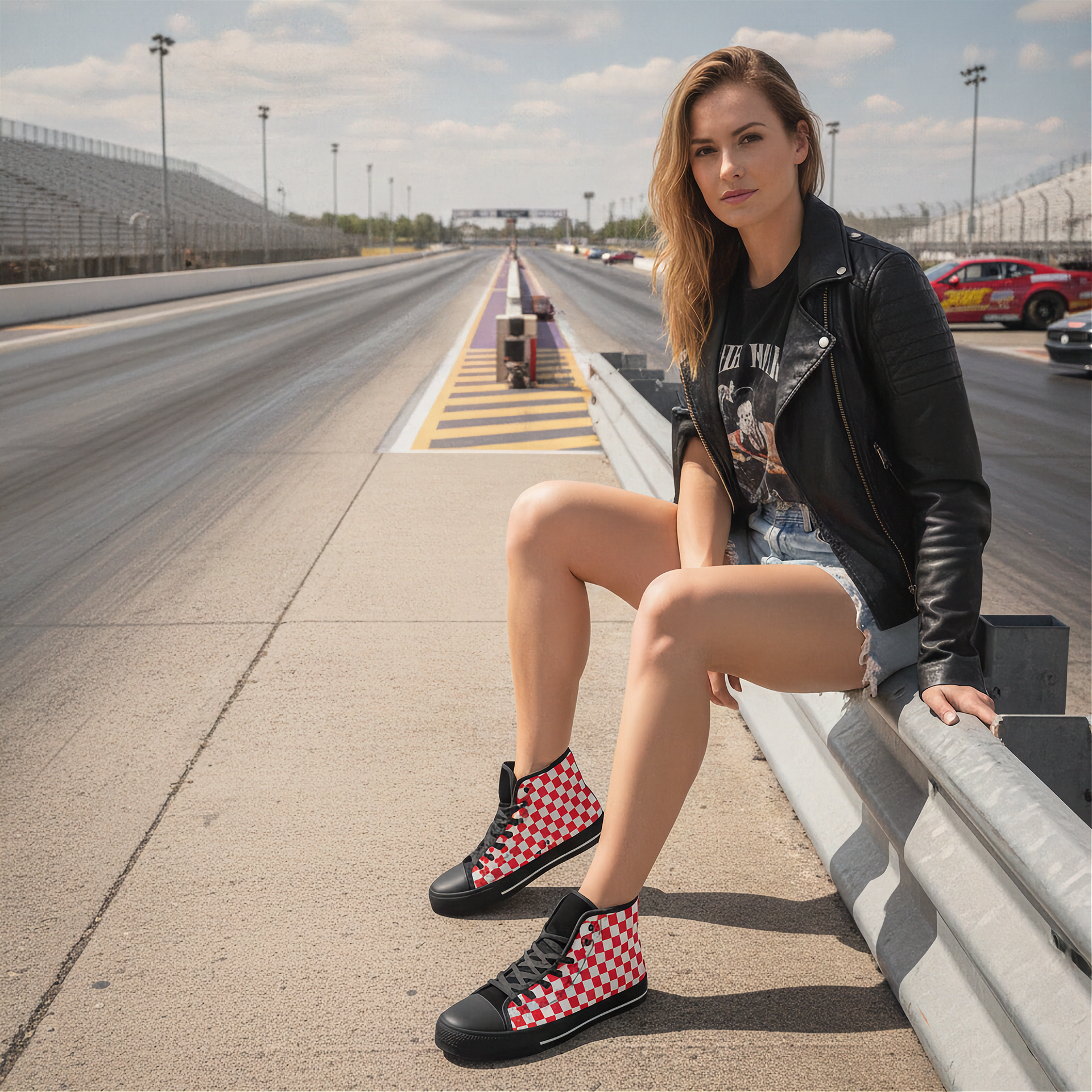 Woman in checkered shoes sitting on a race track with cars in the background