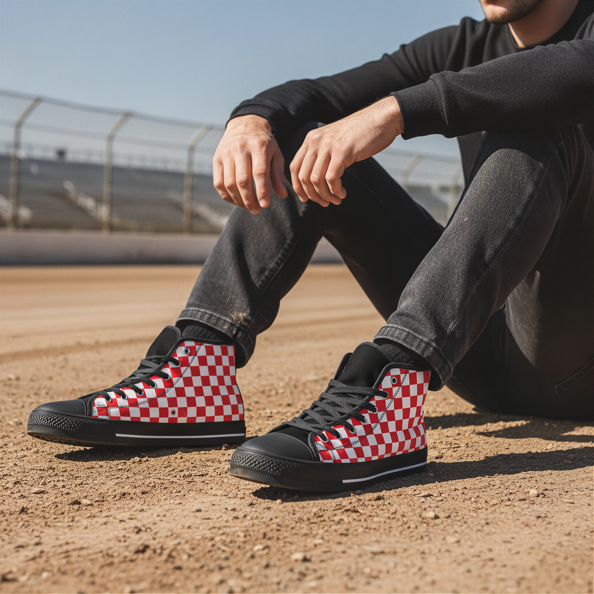 Person wearing black high-top shoes with red and white checkered pattern sitting on a dirt surface.