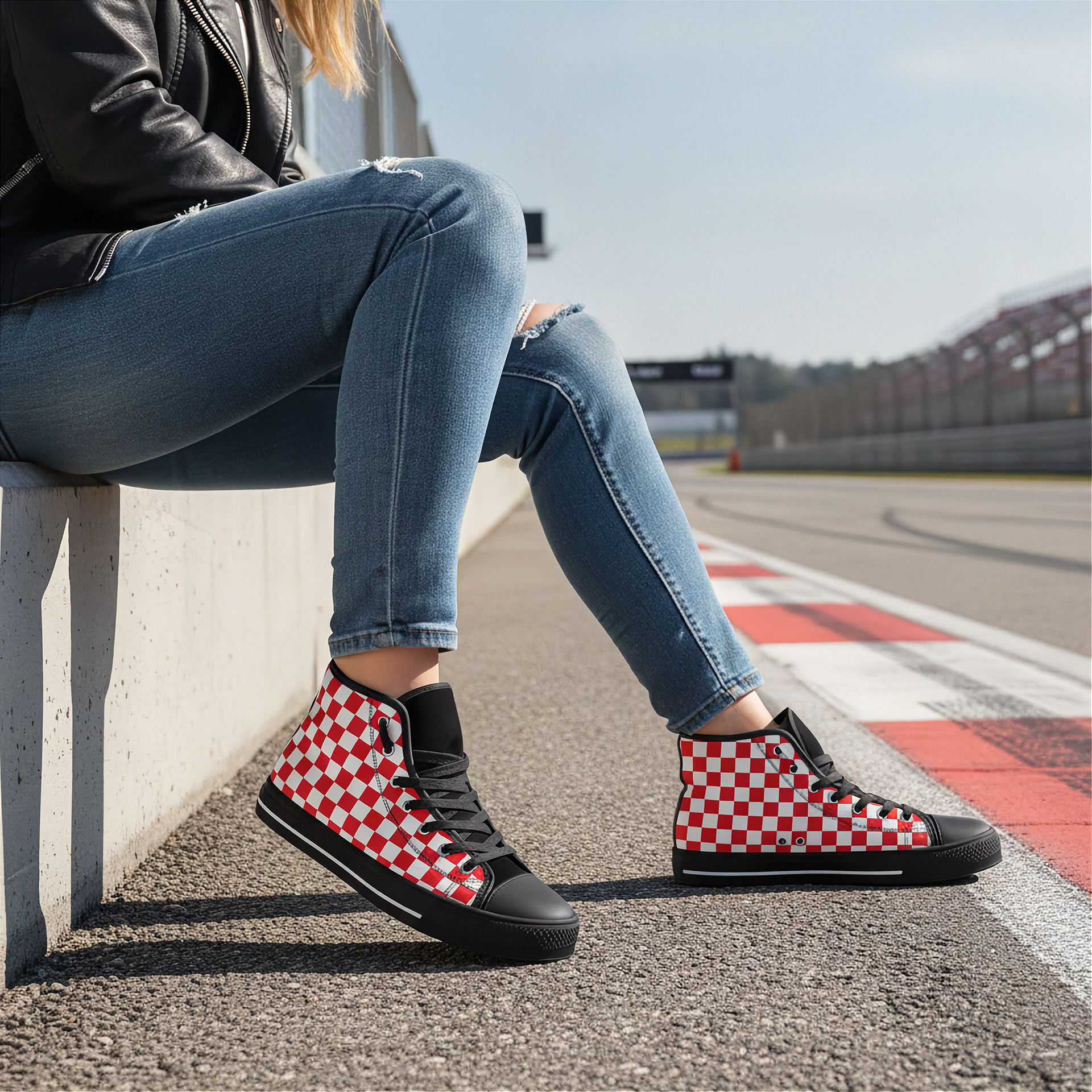 Person sitting on a race track wearing red and white checkered shoes.