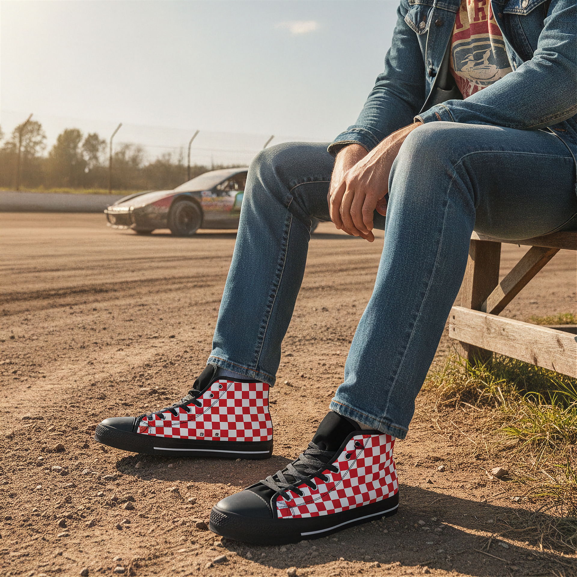 Person wearing red and black checkered shoes sitting on a track with a car in the background.
