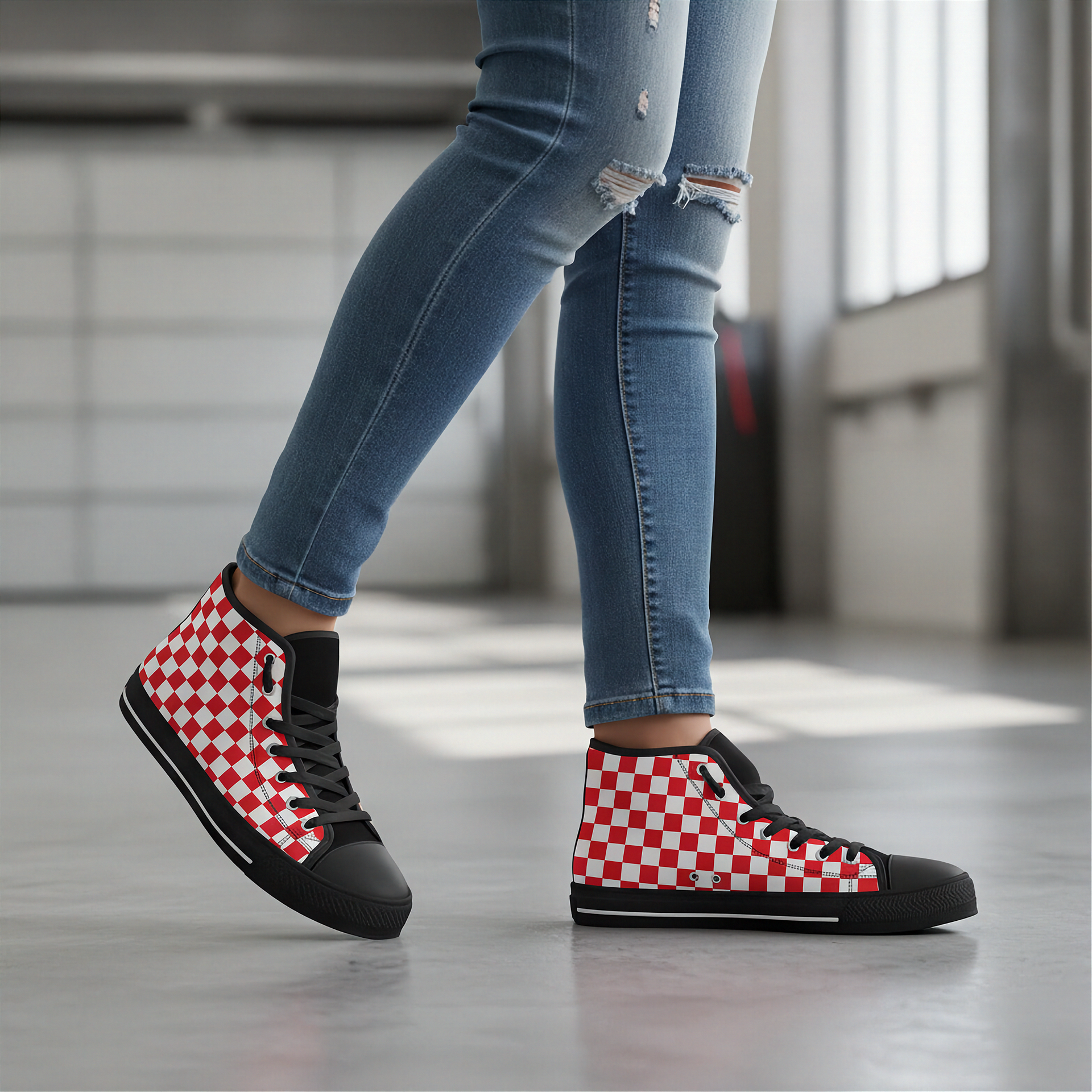 Red and white checkered high-top shoes worn with blue jeans indoors.