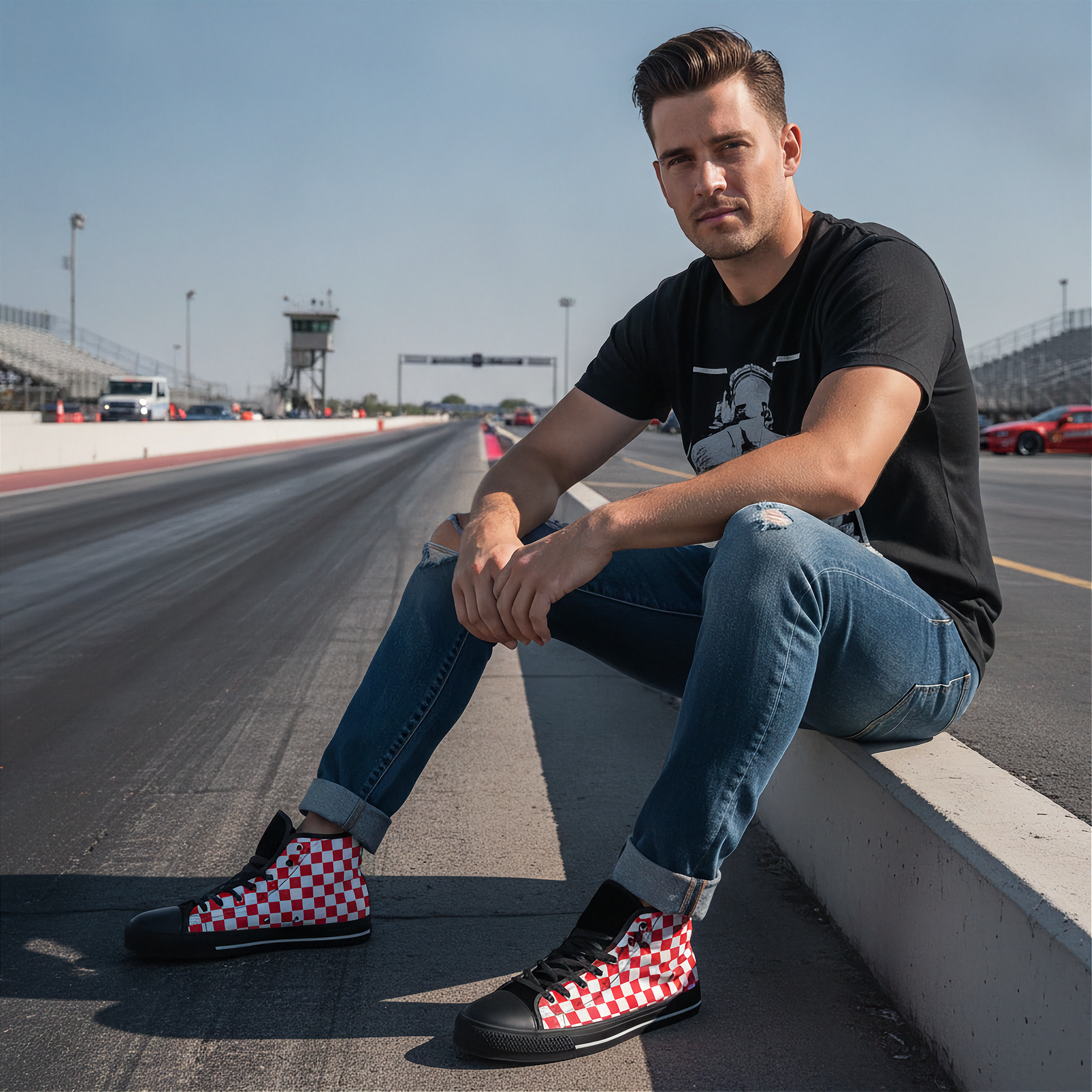 Man sitting on a race track wearing checkered shoes
