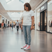 Woman wearing a white t-shirt, light blue jeans, and red checkered shoes in a shopping mall.