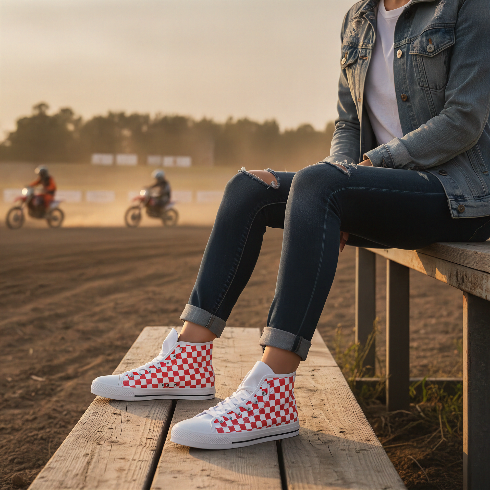Person wearing red and white checkered shoes sitting on a wooden bench with a dirt track and riders in the background.