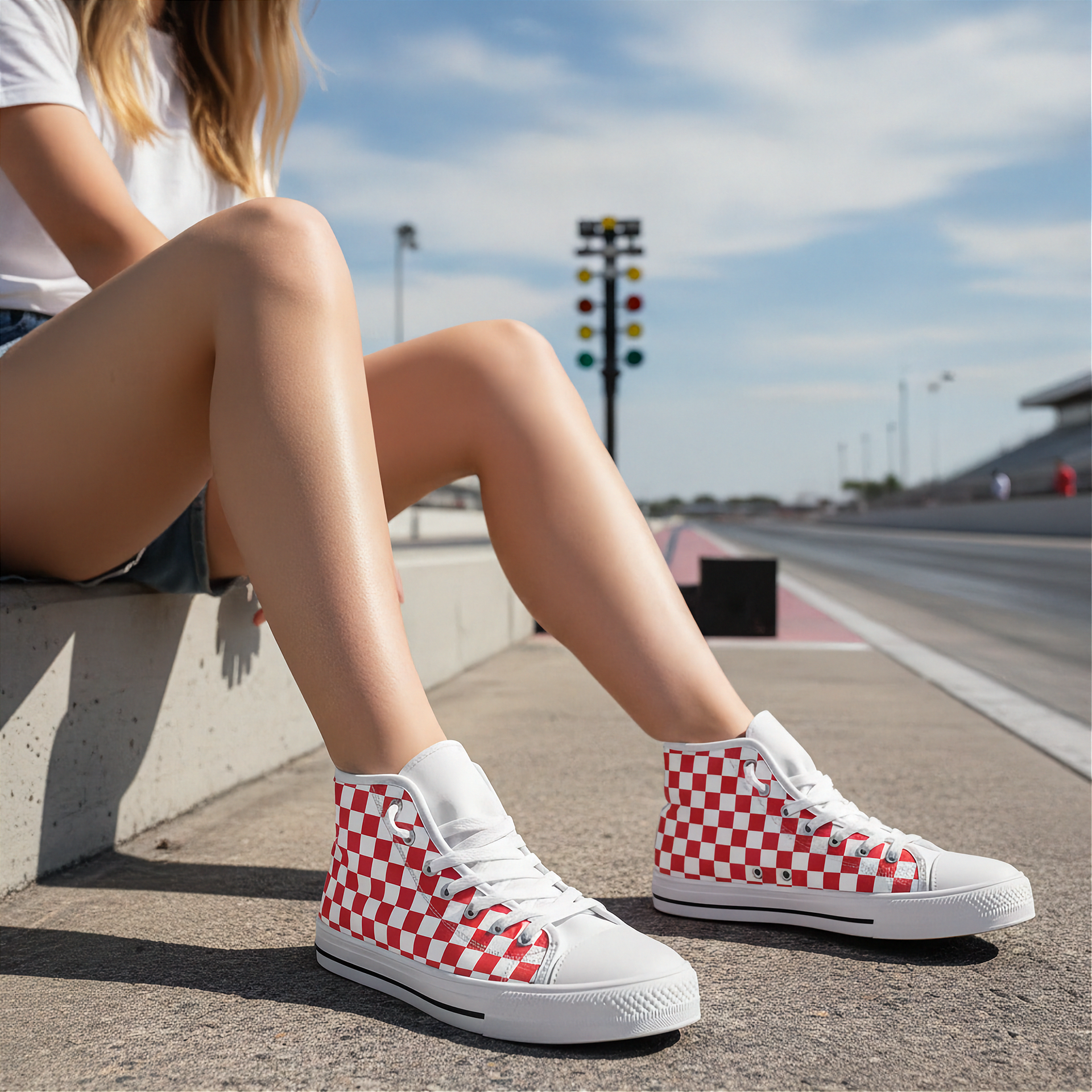 Person wearing red and white checkered high-top sneakers sitting on a concrete ledge with a race track in the background.