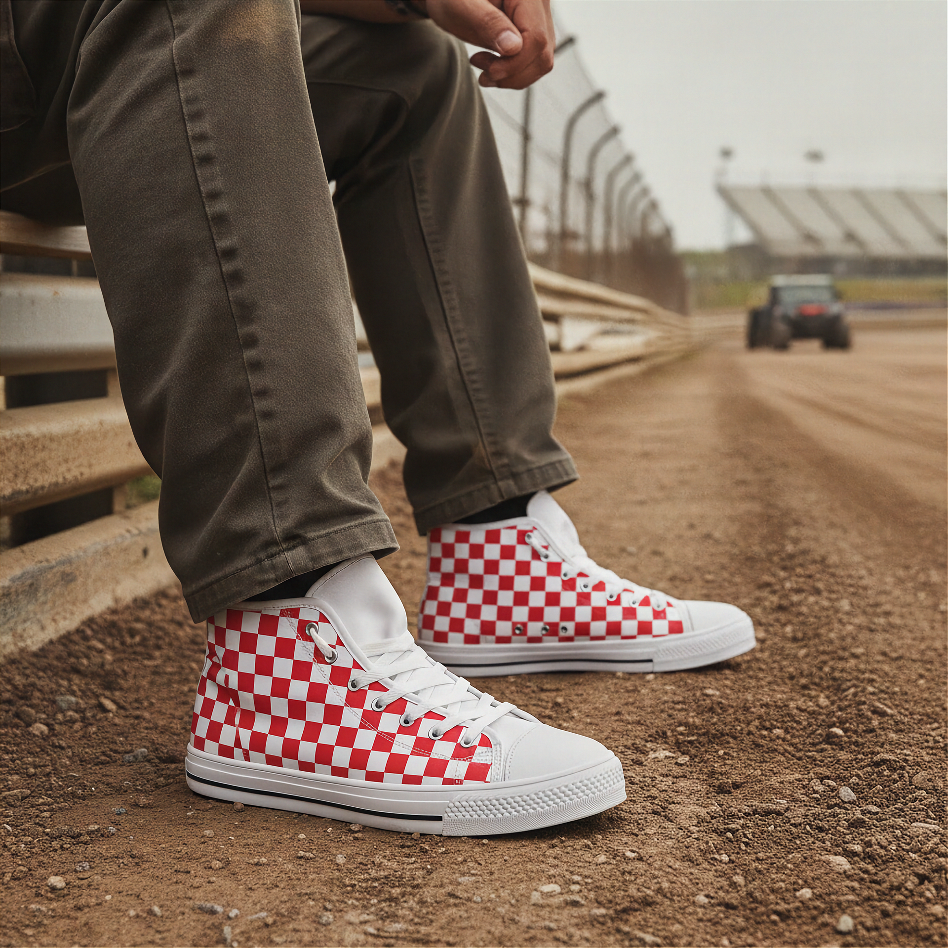 Red and white checkered shoes worn by a person on a dirt track.
