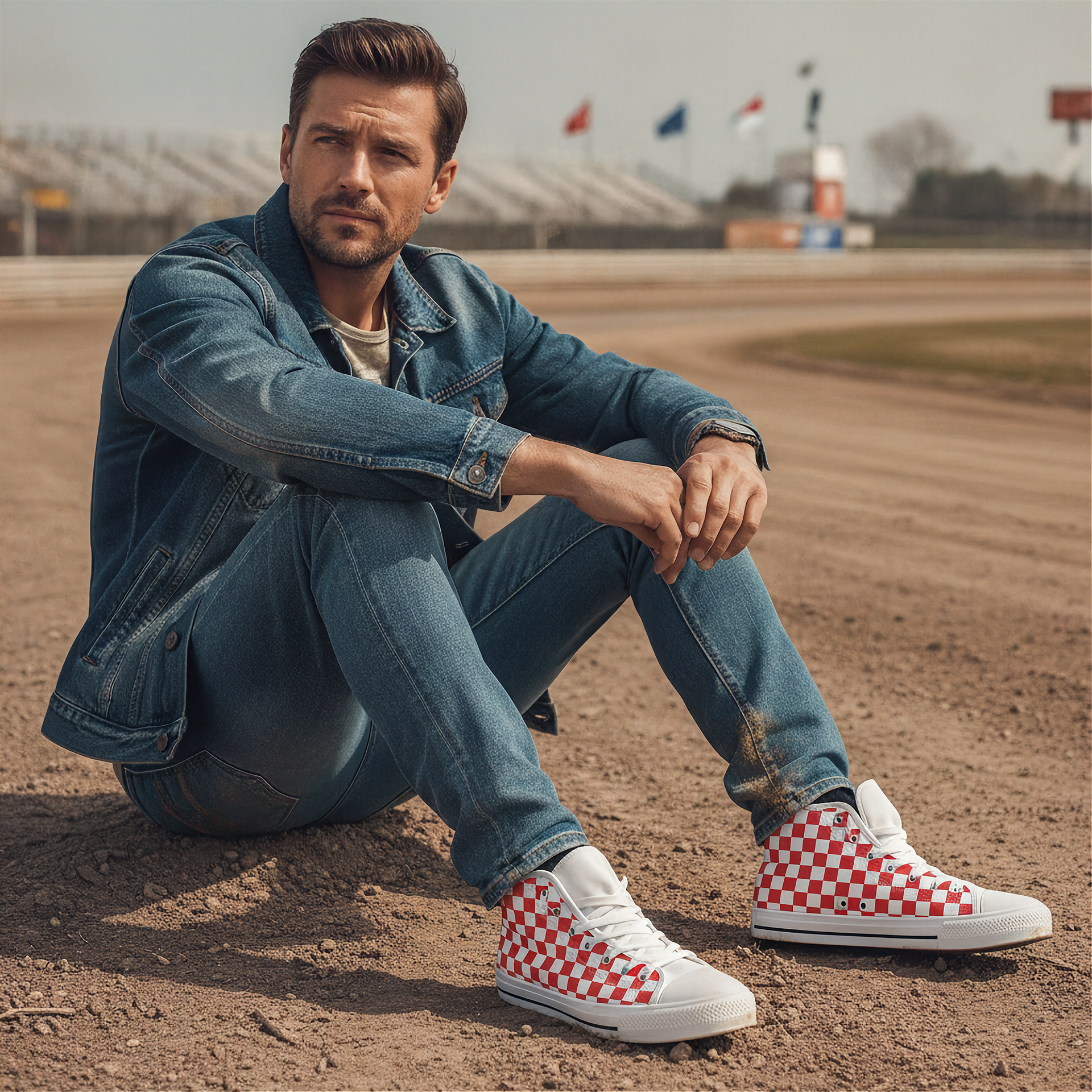 Man sitting on a race track wearing a denim jacket and checkered shoes.
