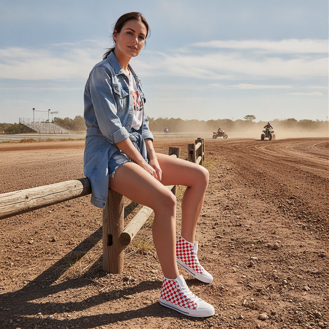 Woman wearing checkered high top shoes sitting on a wooden post with a dirt track and people on motorcycles in the background