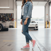 Person wearing a denim jacket, jeans, and checkered shoes in a garage setting