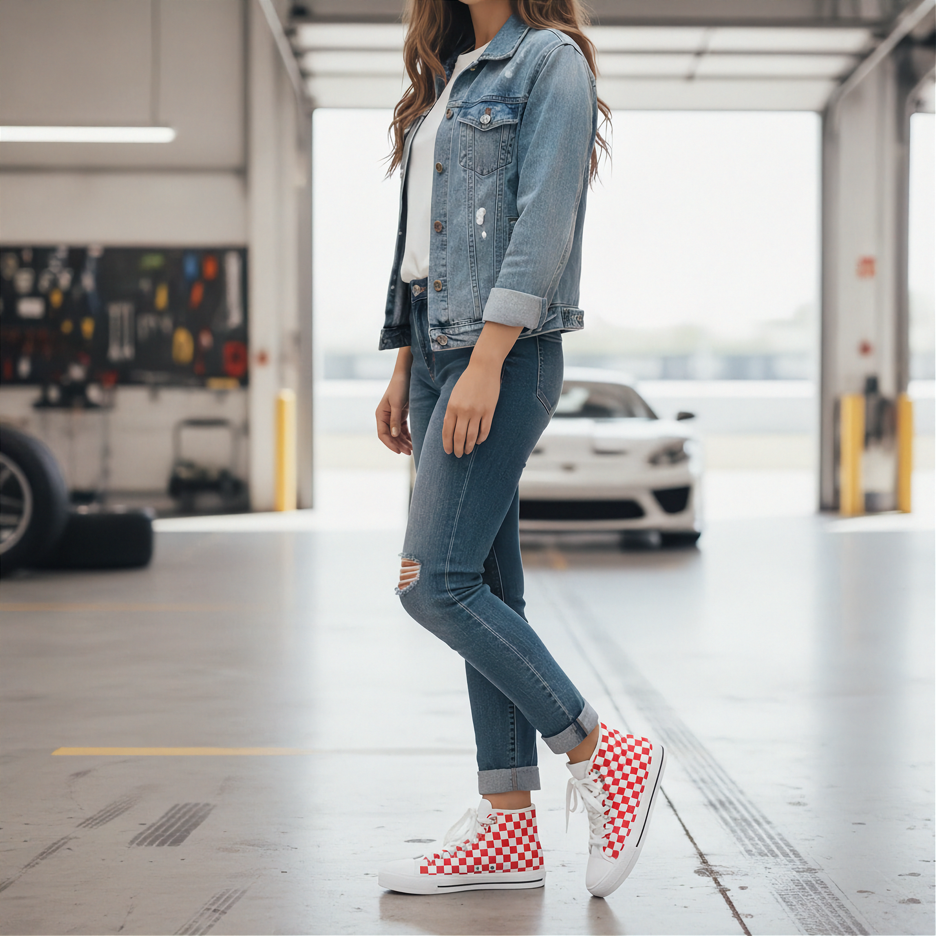 Person wearing a denim jacket, jeans, and checkered shoes in a garage setting