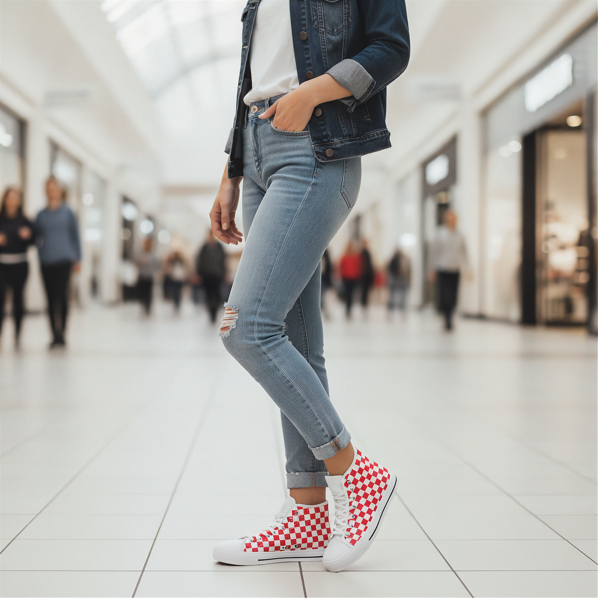 Person wearing blue jeans and red checkered shoes in a mall setting