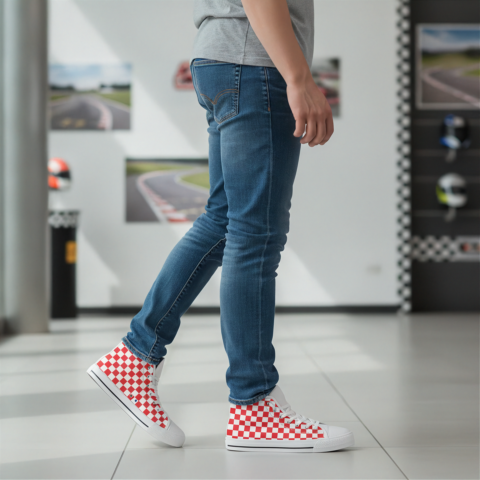 Person wearing blue jeans and red checkered shoes in a showroom setting