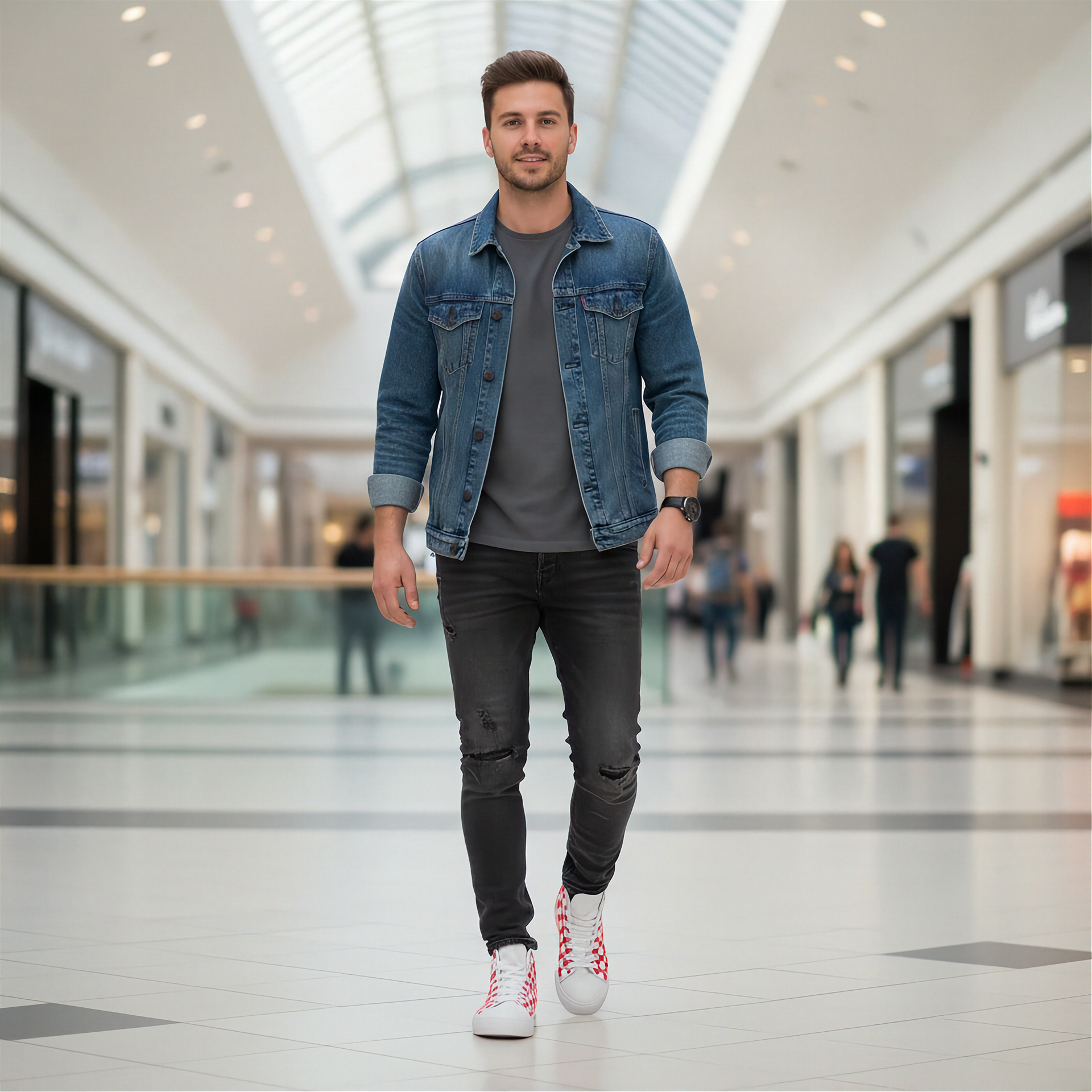 Man walking in a modern mall wearing a denim jacket and black pants and red checkered shoes