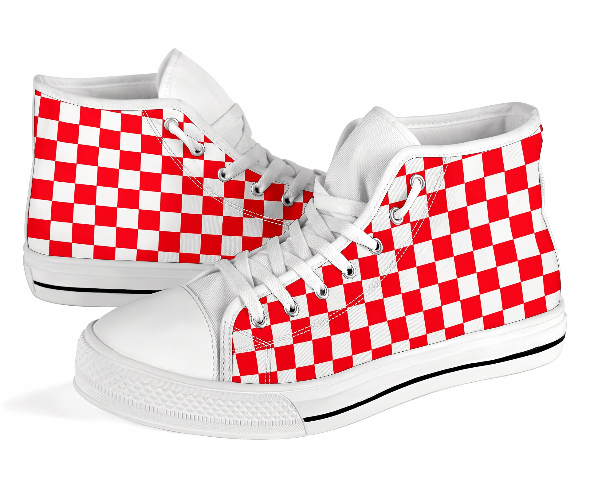 White sneakers with red and white checkered pattern on a white background