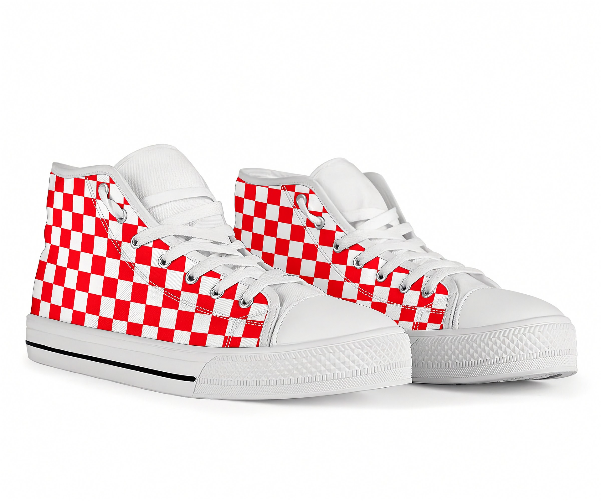 White sneakers with red and white checkered pattern on a white background